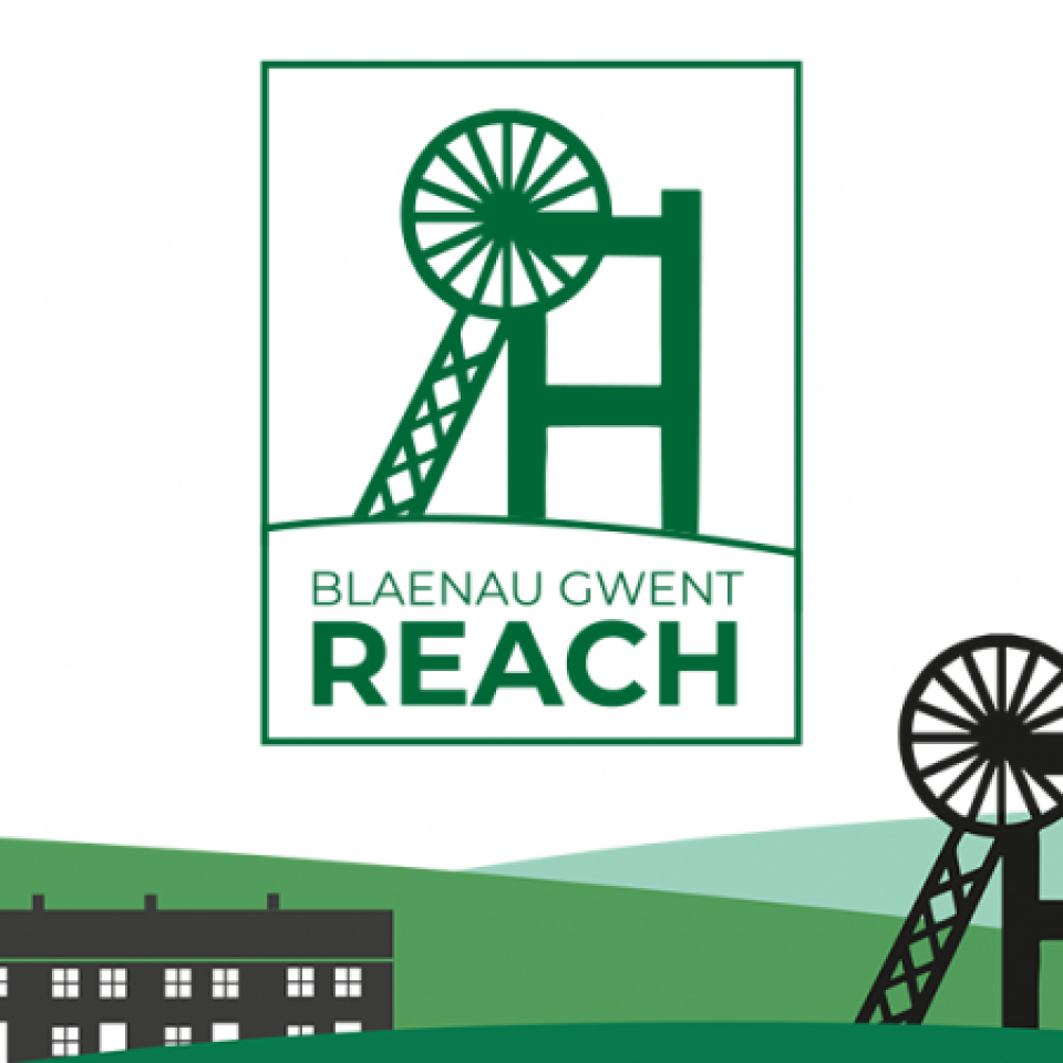 Green and black graphic depicting houses and a colliery tower with the words 'Blaenau Gwent REACH'