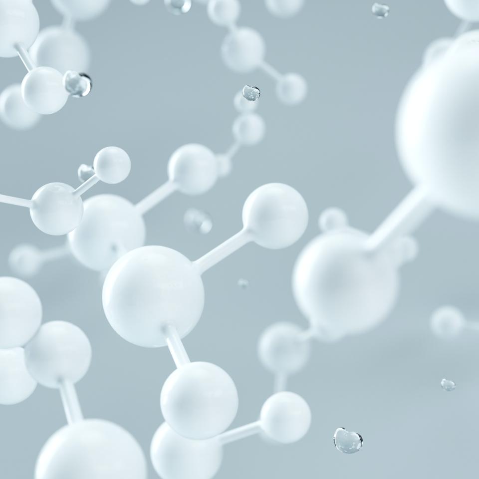 Abstract images of white molecules or atoms on a light grey background