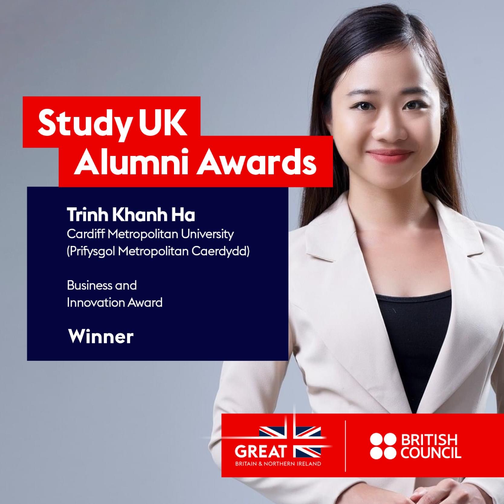 StudyUK Alumni awards winner graphic featuring Trinh Khanh