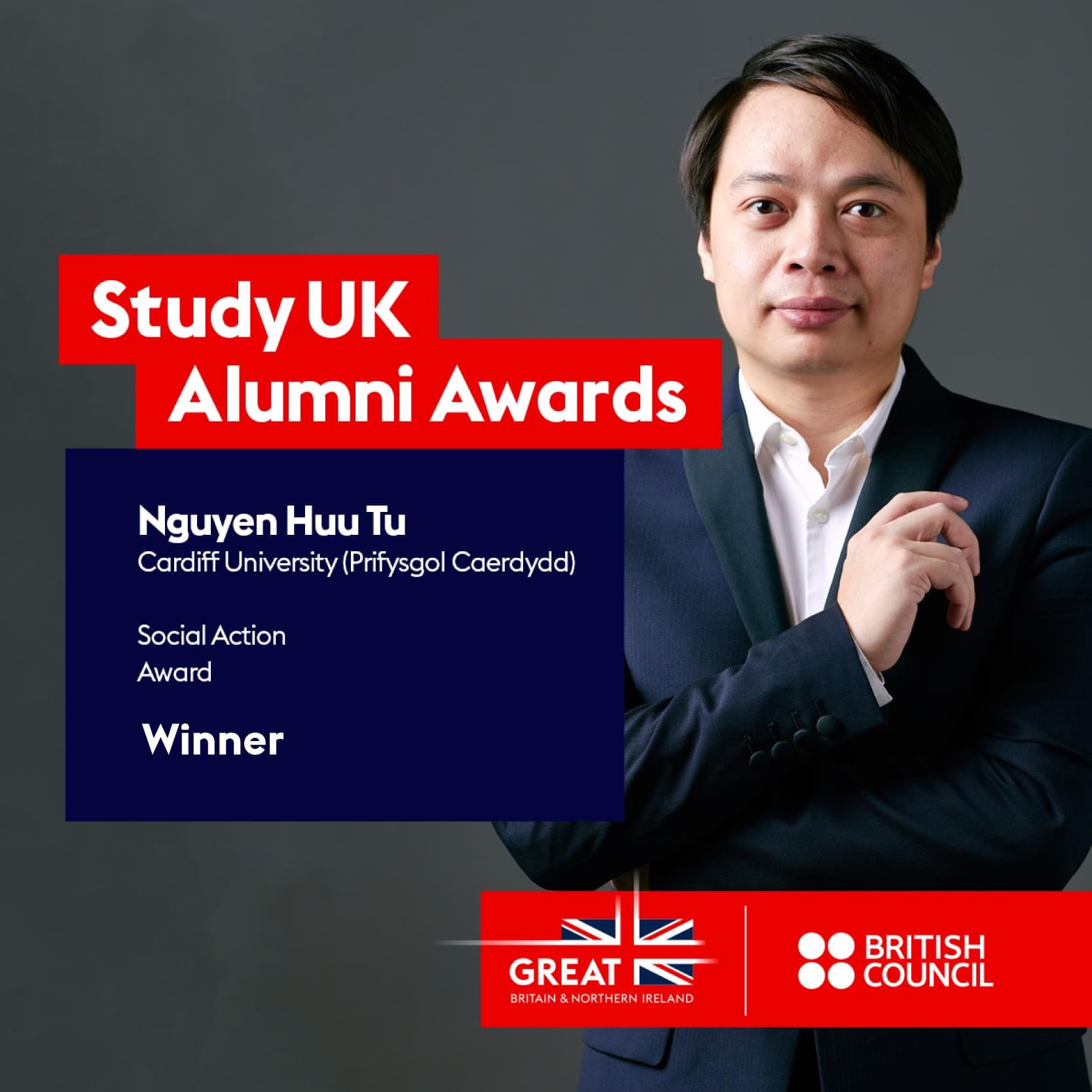 StudyUK Alumni awards winner graphic featuring Nguyen Huu Tu