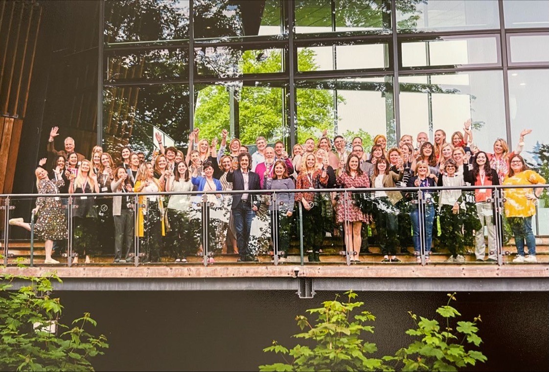 A group of people on the terrace of the Royal Welsh College of Music and Drama