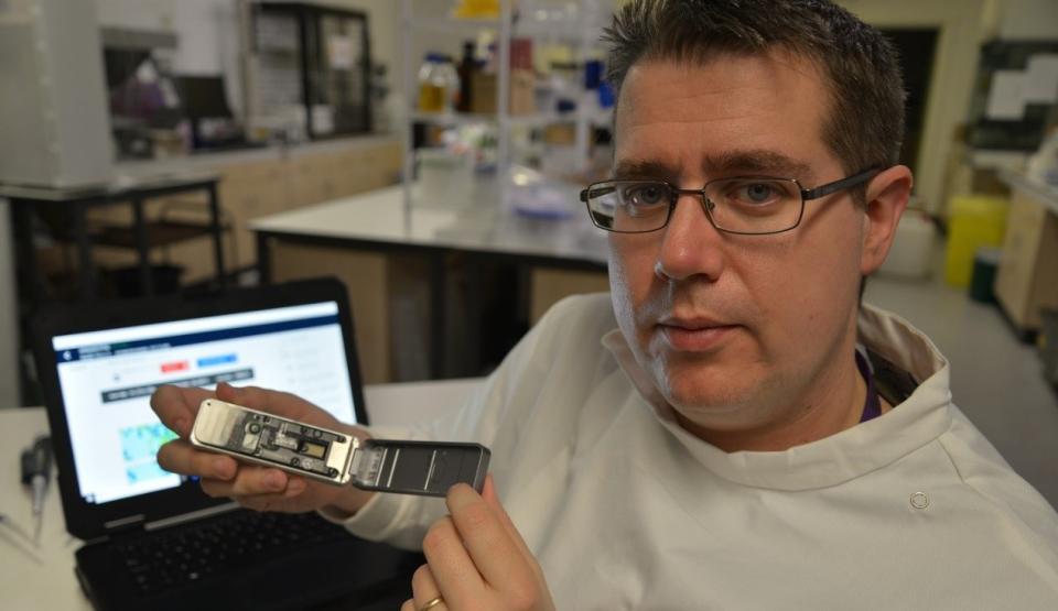 Dr Arywn Edwards in a laboratory at Aberystwyth University