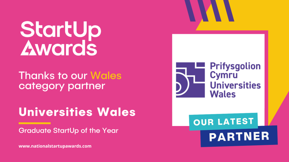 Universities Wales logo on StartUp Awards banner announcing sponsorship