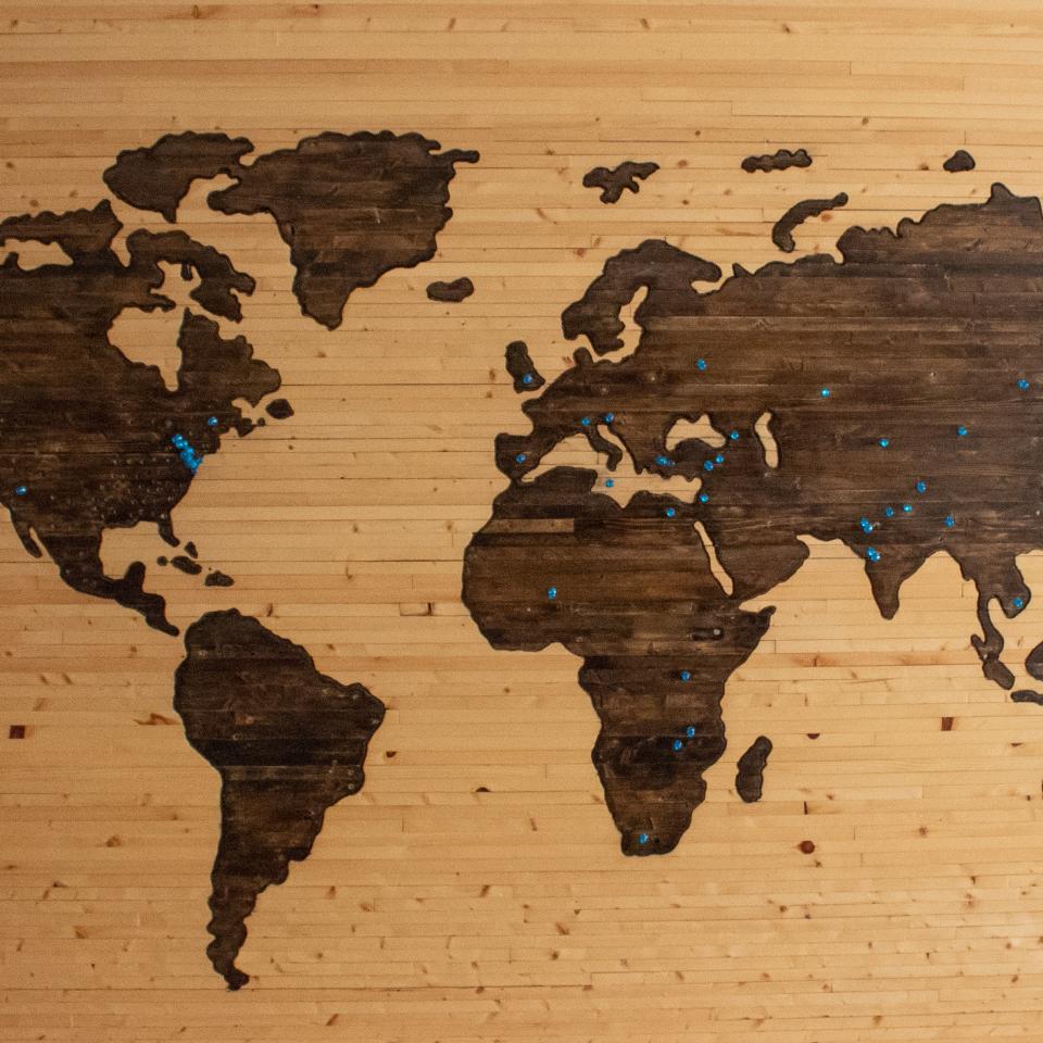 Wooden map of the world with blue pins in various locations