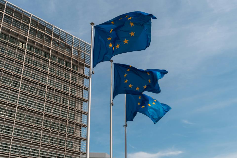 Berlaymont, Brussels, with EU flags flying