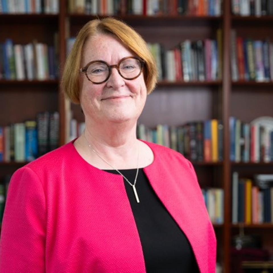 Professor Elwen Evans, KC, standing in front of book shelves