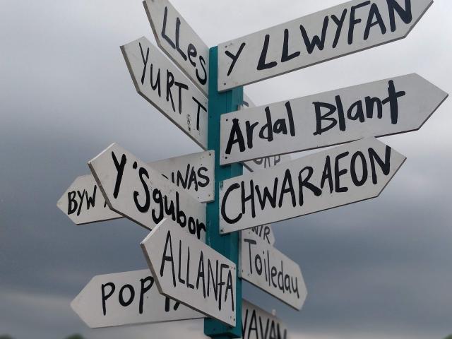 A signpost of Welsh words